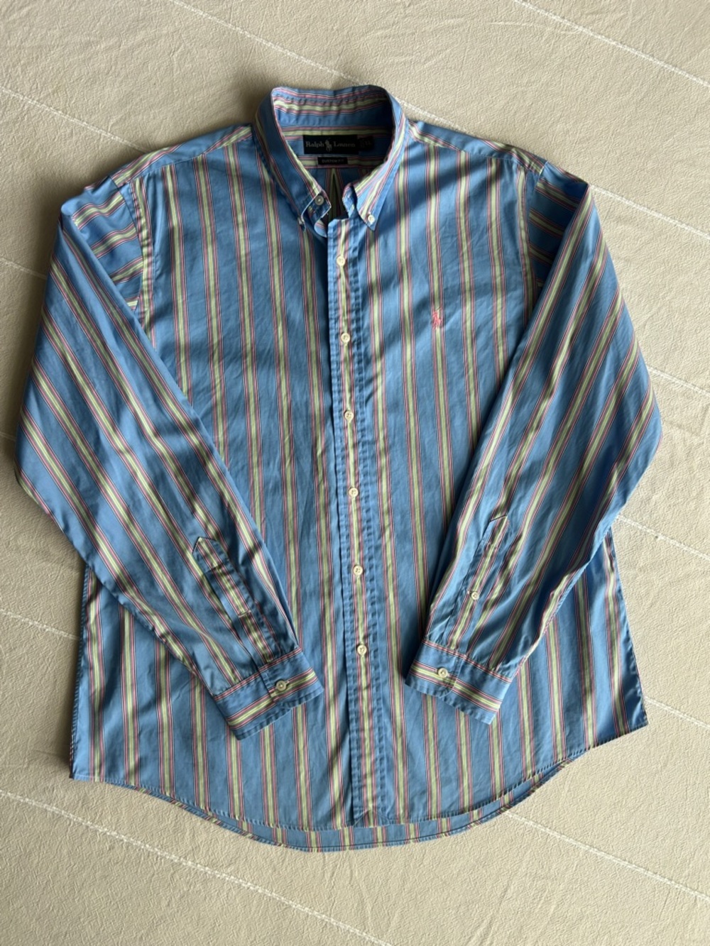 Ralph Lauren Light Blue Striped Button-Down Shirt with Yellow & Green Accents
